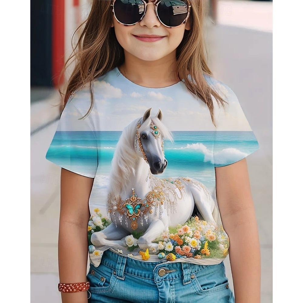 Girls' 3D Horse T shirt Tee Short Sleeve Summer Spring Fashion Basic Kids 4-12 Years Crew Neck Outdoor Casual Daily Regular Fit