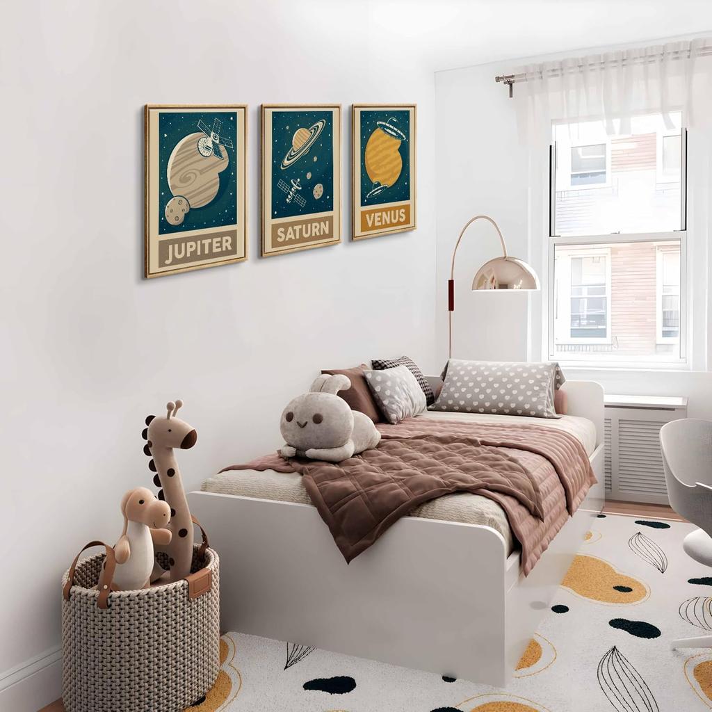 9pcs Retro Solar System Wall Art Nursery Space Pictures Retrospace Galaxy Wall Decor Outer Space Paintings Prints Sci-Fi Planet Posters for Boys