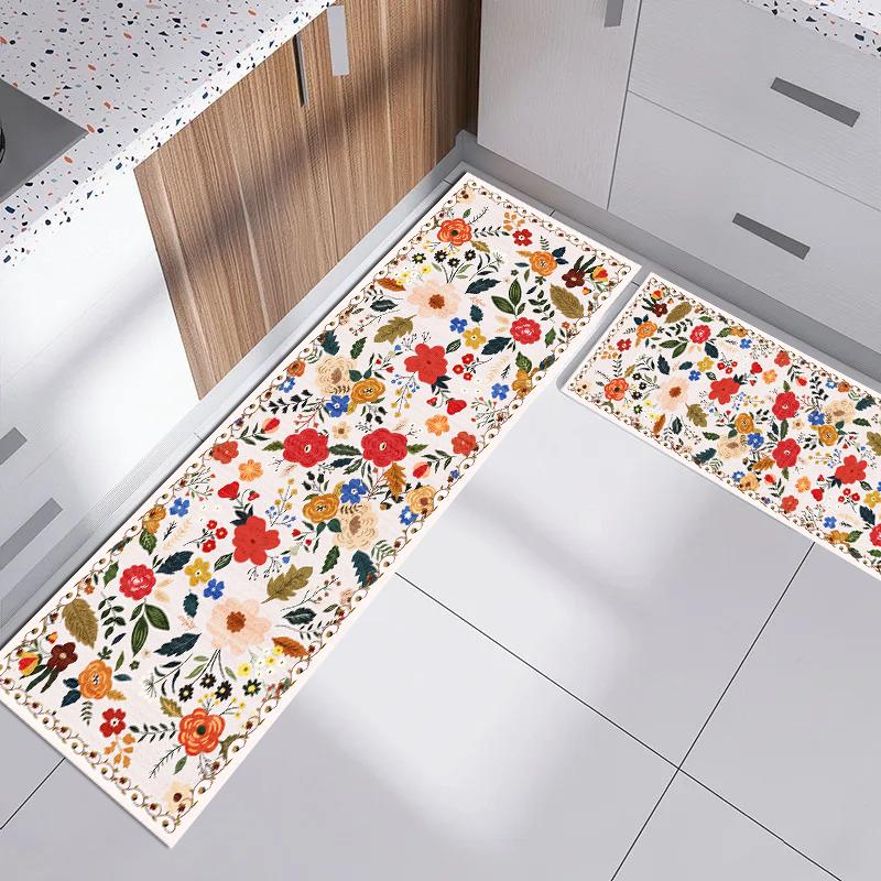 Kitchen Carpet Pvc Leather Waterproof Floor Mat Non-Slip Oil Proof Foot Mats Long Rug Spring Green Flower Home Decoration Rugs