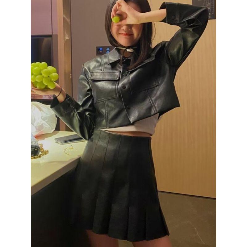 Sweet Cool Fancy Sexy Fried Street Fashionable Retro Leather Coat + Pleated Skirt Small Dress Two-piece Set