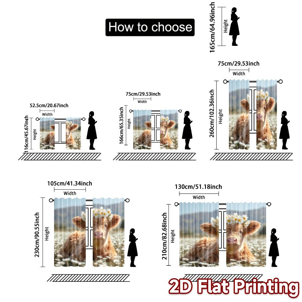 2pcs, 2D FLAT PRINTING Curtains (Without Rod) Daisy Calf Popular Fashionable Curtains Versatile Polyester Fabric Curtains Art