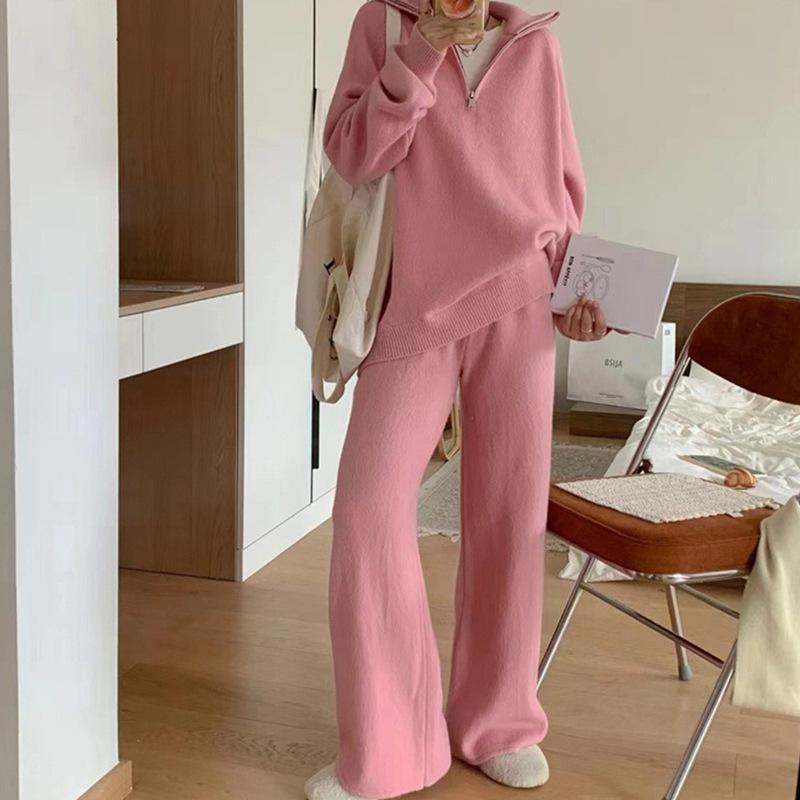 Half zipper casual style two-piece set women's autumn and winter new large size wide-leg pants knitted sweater set