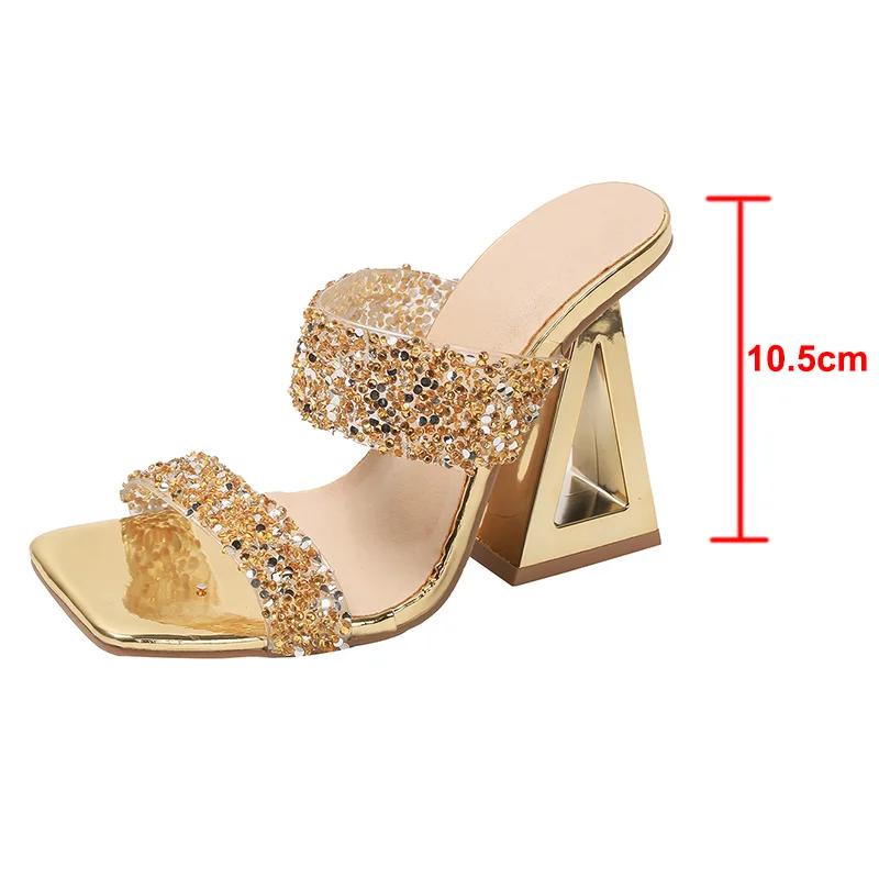Fashion Super High Heels Gold Sequined Sandals Women Strange Heeled Summer Fashion Square Toe Slides Woman Party Wedding Gladiator Shoes