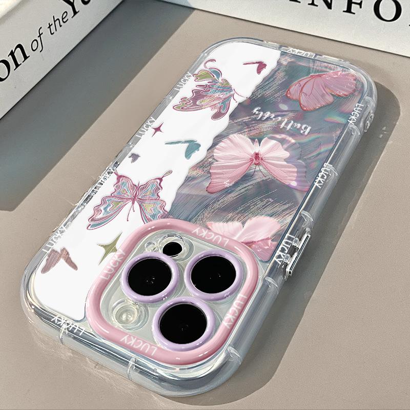 Contrast Color Butterfly for Apple 17 Cream Feather Pattern Cartoon Phone Case for IPhone13/16promax Women's Model