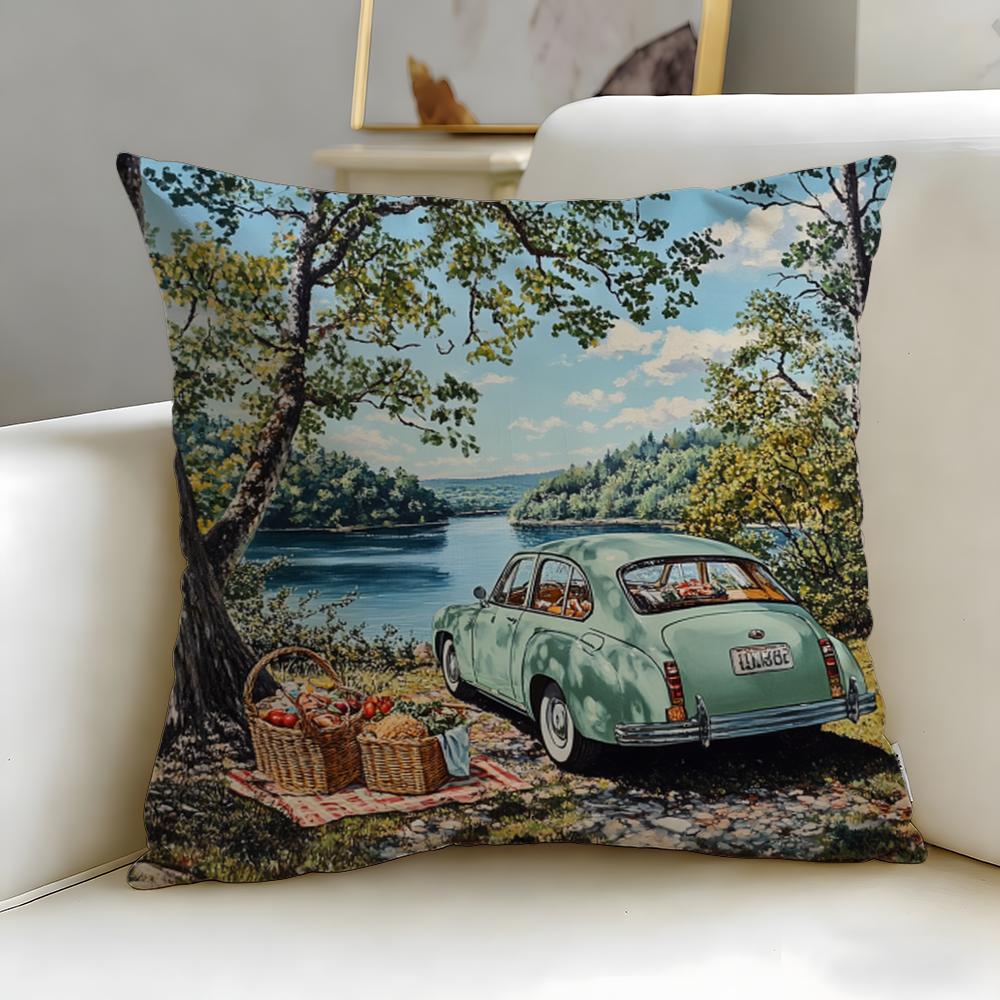 classic theme Vintage Car Cushion Cover Soft & Easy-Wash Pillow Case – Versatile for Couch, Bed, Travel and Office