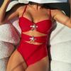 2025 European & American Solid Color Spaghetti Strap One-Piece Bikini for Women