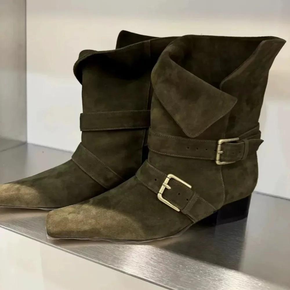 Short Boots Women Autumn/Winter Genuine Leather Suede Square Toe Womens Shoes Two In One Foldable Thick Heel Midsole Boots Woman