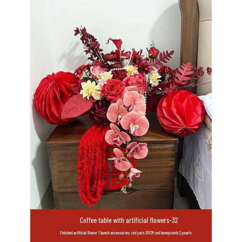 Red Wedding Artificial Flower Arrangement for Living Room, Coffee Table, or Bedside Table Décor