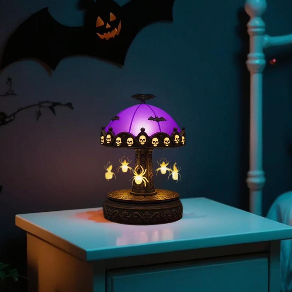 Ghost Carousel Night Light Spooky Bat Spider Carousel Night Light USB Rechargeable Halloween Night Light Desktop Decoration