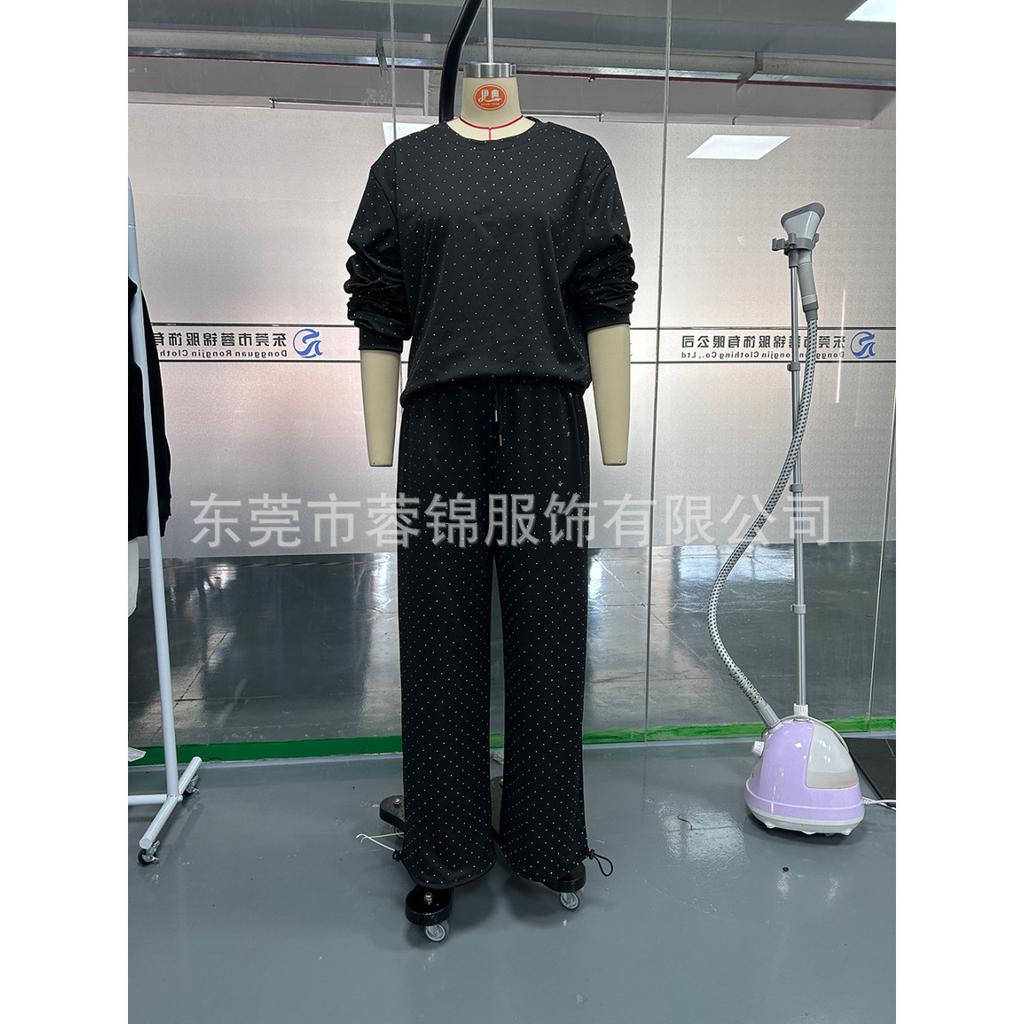 Women's Solid Color Full Body Hot Diamond Casual Round Neck Long Sleeve Sweatshirt with Drawstring Legs 2-piece Set