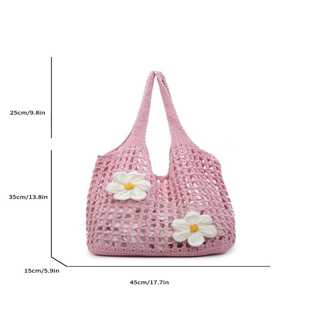 Retro Flower Knitted Tote Bag Large Capacity Woolen Crochet Handbag Eco-Friendly Lightweight Hollow Shoulder Bag Summer