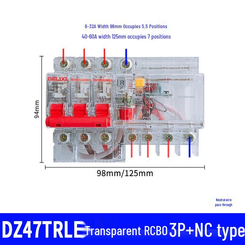 DELIXI Transparent 3P Circuit Breaker with N Pole & Leakage Protection, 20A To 63A