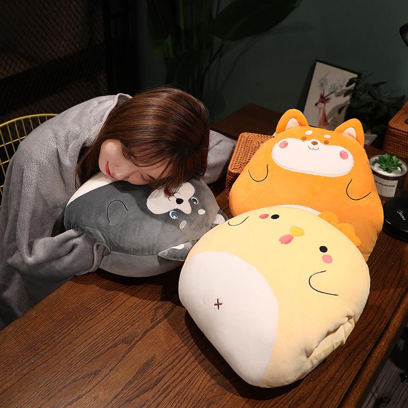 Soft Cute Cartoon Animal Hand Warmer 3-in-1 Pillow Blanket for Office Naps