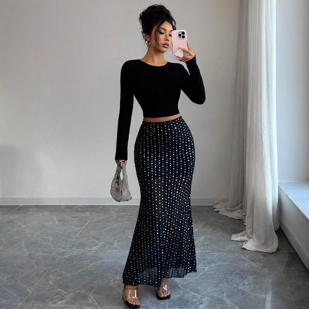 Women's Sequin Dot Sheer Mermaid Skirt Black