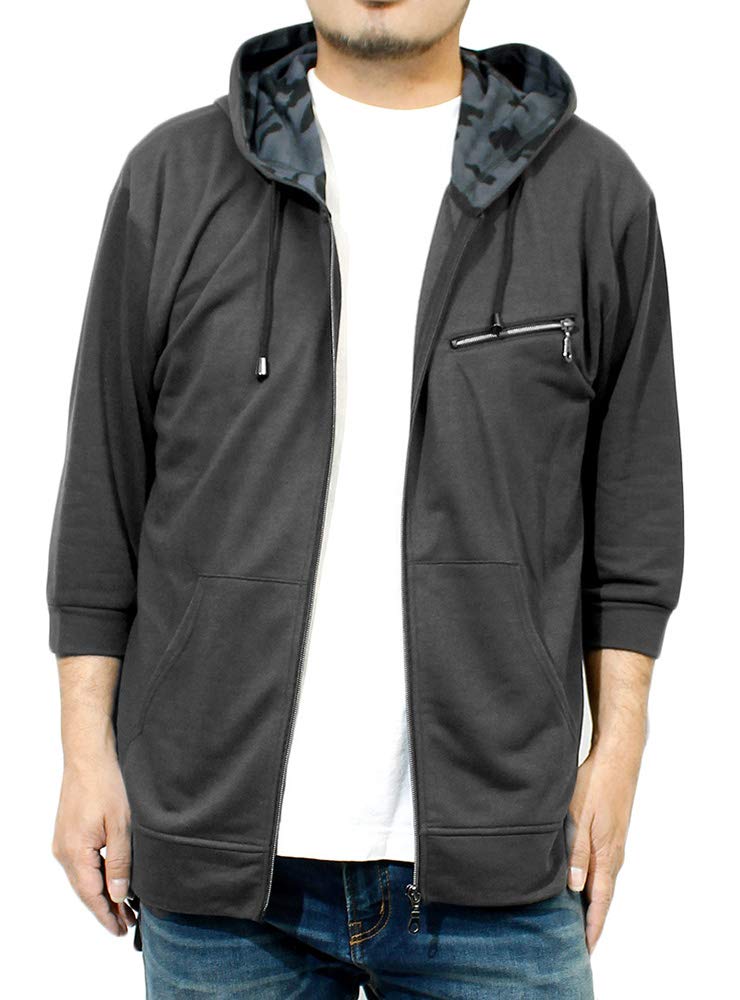 

One Colors Men s Hoodie, Plus Sizes, Short and Long Sleeve, Camouflage, Lightweight, Loose Fit, Zip-Up Hoodie, Size 4L, Charcoal (3/4 Sleeves)
