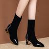Fashion Pointed Toe Sock High Boots  New Luxury Rhinestone Square Heel Short Boots Winter Shoes Black Female Footwear