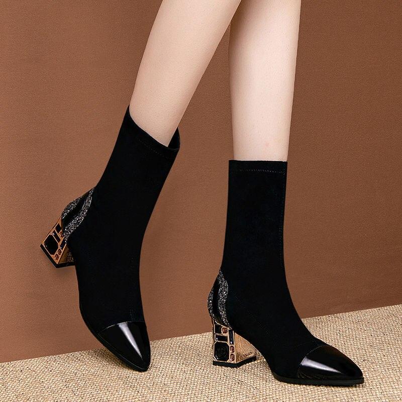 Fashion Pointed Toe Sock High Boots  New Luxury Rhinestone Square Heel Short Boots Winter Shoes Black Female Footwear