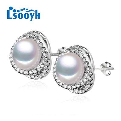LSOOYH Natural Freshwater Pearl Earrings For Women Fashion Cubic Zirconia Luxury Stud Earrings