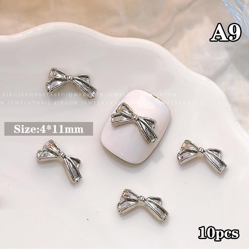 10Pcs Silver Alloy Nail Art Bow Charms Accessories Parts For Manicure Decorate Retro Nails Decoration Design Supplies