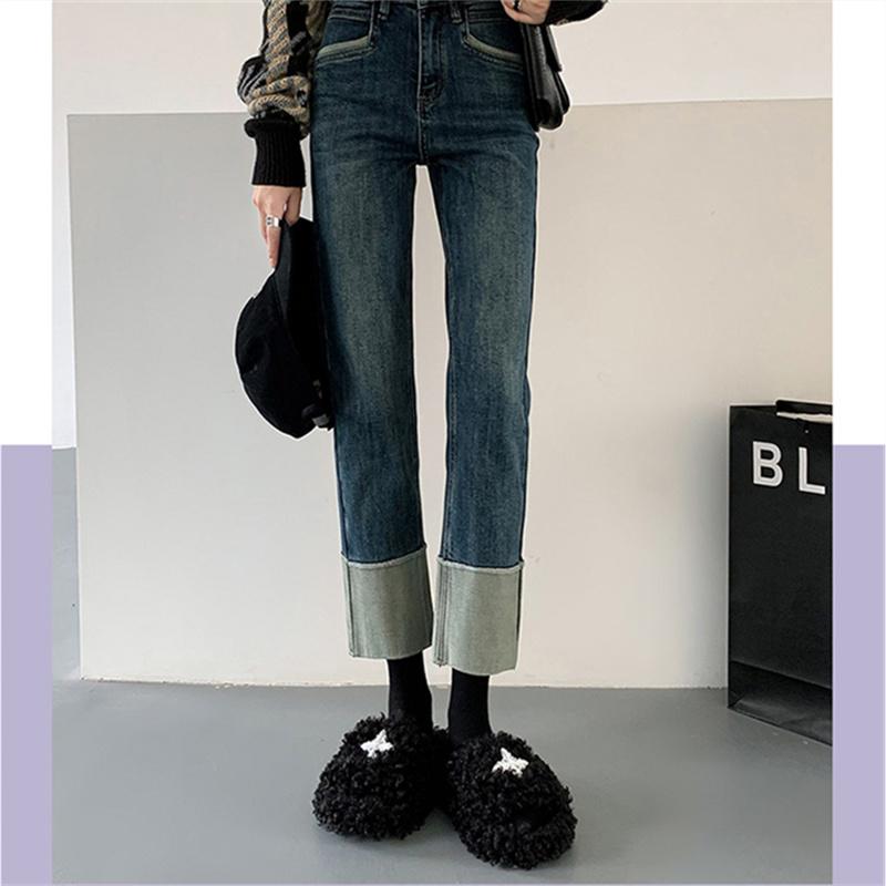 Autumn Winter New Korean stytle High Waist Thickening Warm Jeans Women Cuffs Vintage Korean Style Straight Baggy Denim Streetwear
