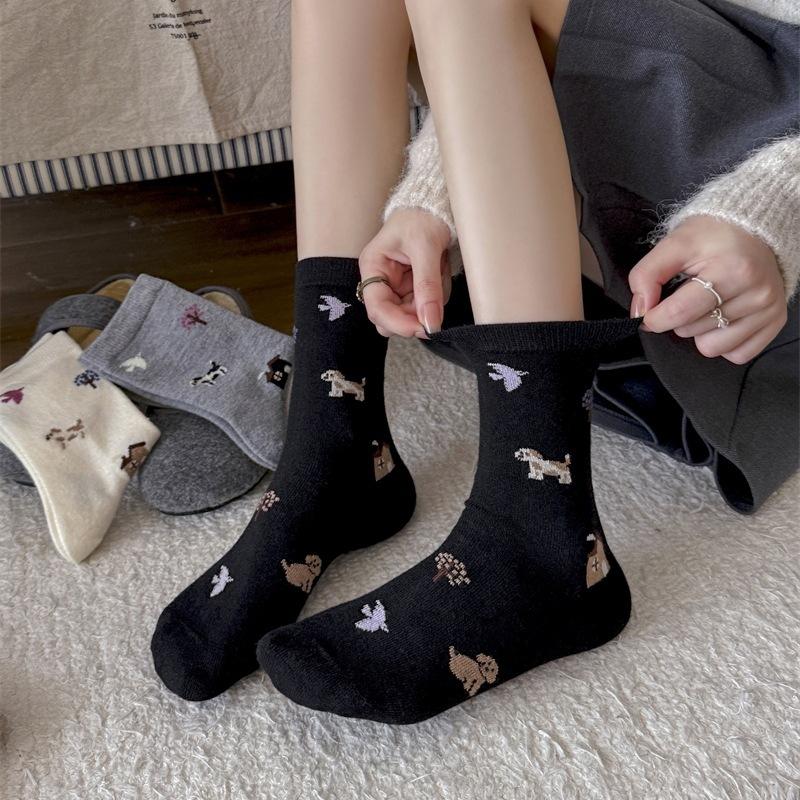 Puppy Cute Kids Grey Cartoon Animal Mid Socks Thickened Wool Socks Warm Pile Socks