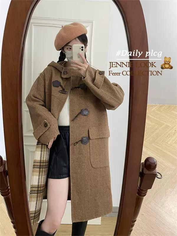 

Ретро шерстяное двустороннее пальто с капюшоном в стиле Чжао Лусы, маленький размер, застежка на пуговицы-клеванты, средней длины, зима 2025. Medium коричневый