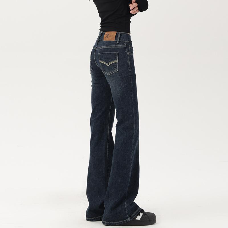 Retro American micro-pull jeans women's autumn and winter new low-waist hip-lift washed thin elastic floor-mopping flared pants