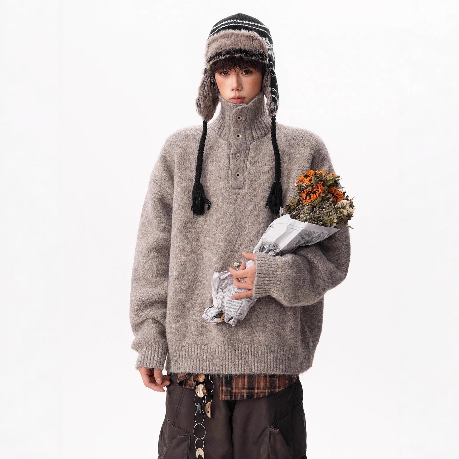 

Men s Korean-Style Textured Knit Half-High Collar Sweater: Handsome and Loose Button Cardigan for Autumn/Winter. L хакі