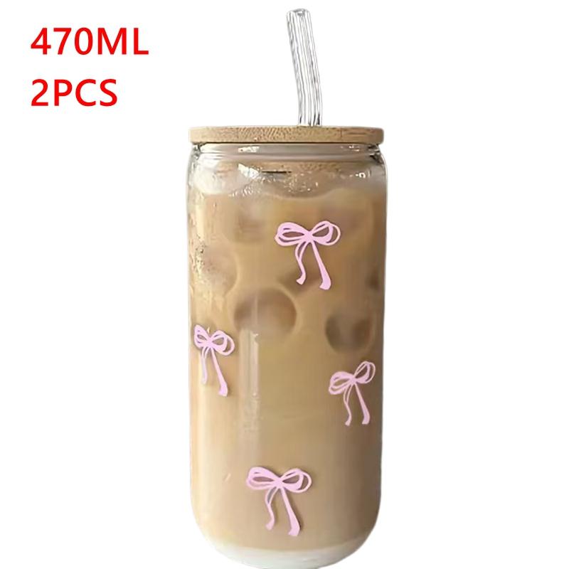 2 Pcs/sets Cute Butterfly Knot Glass Cup With Bamboo Lid And Straw, Birthday Gift, Cold Drink Pattern, Holiday Gift, 470ml
