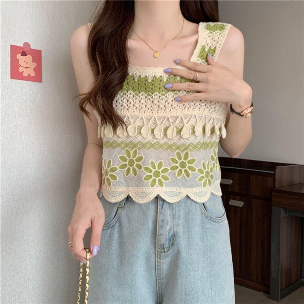 Knitted Crop Top Retro Short Top New Sleeveless Vest  Bohemia
