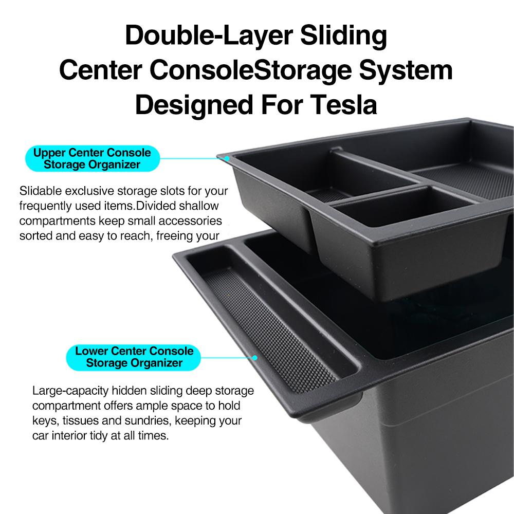 Heenvn 3Pcs For Tesla Model Y Juniper Model YL 2025 2026 ABS Car Center Console Armrest Double-layer Storage Box Organizer Cover