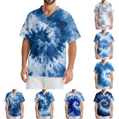 Men's Printing Short Sleeve V-neck Working Blouse Chest Pocket Carer Top