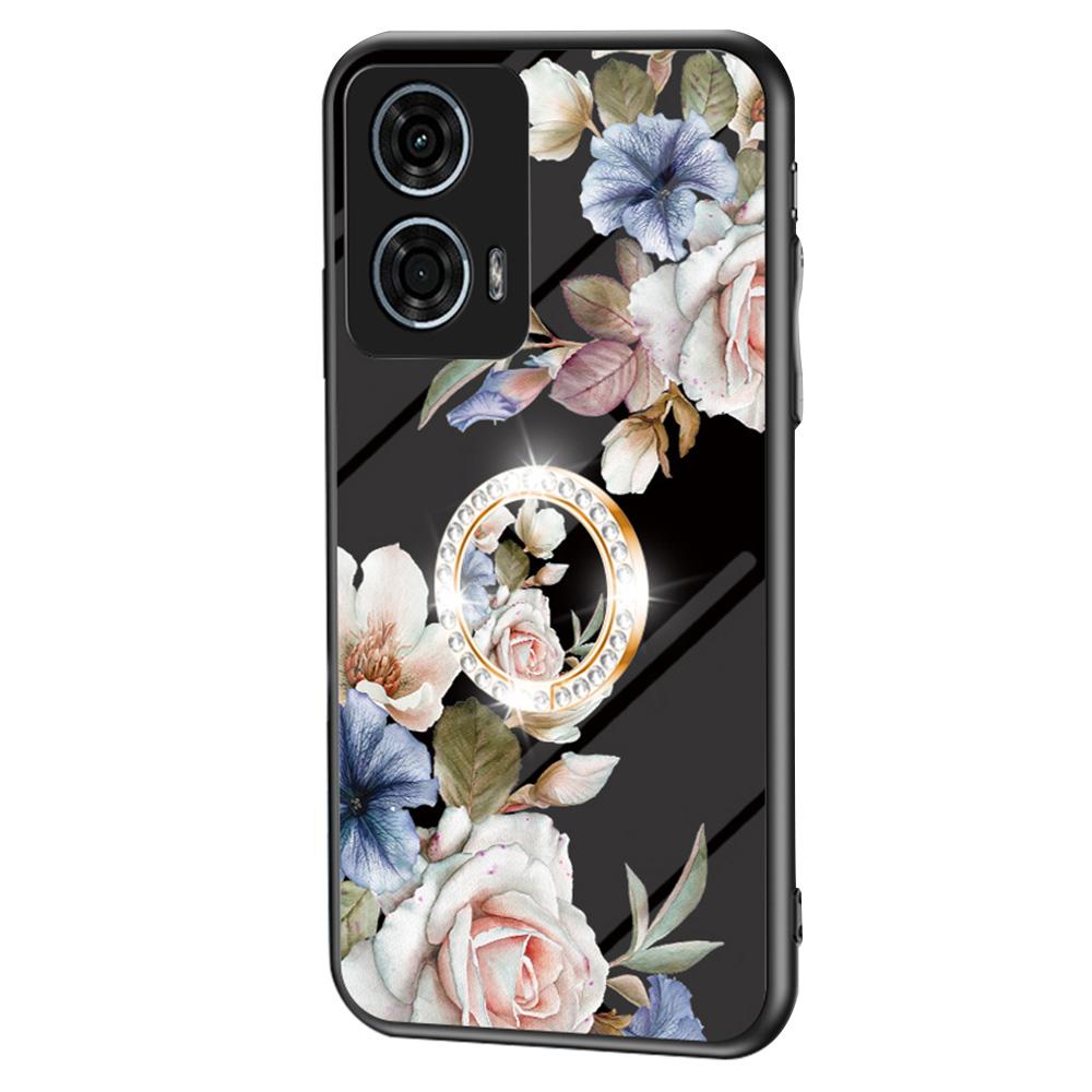 

For Motorola Moto G24 Power Case Pattern Print Tempered Glass Phone Cover with Kickstand Black Flower Bush