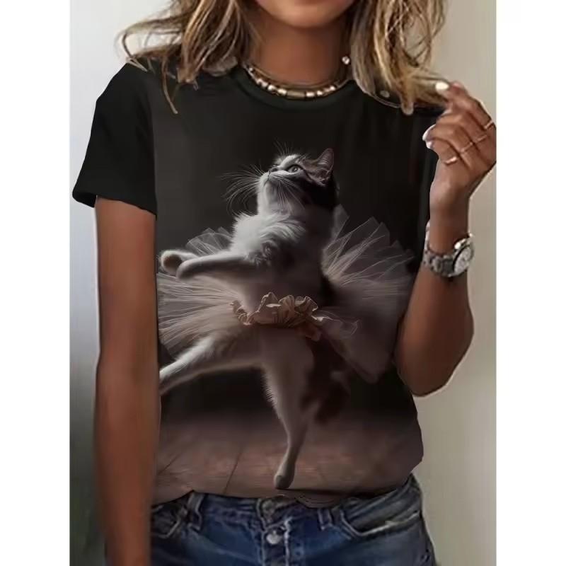 Women's summer hot T-shirt casual elegant fashionable abstract black cat 3D printed women's round neck short sleeved top