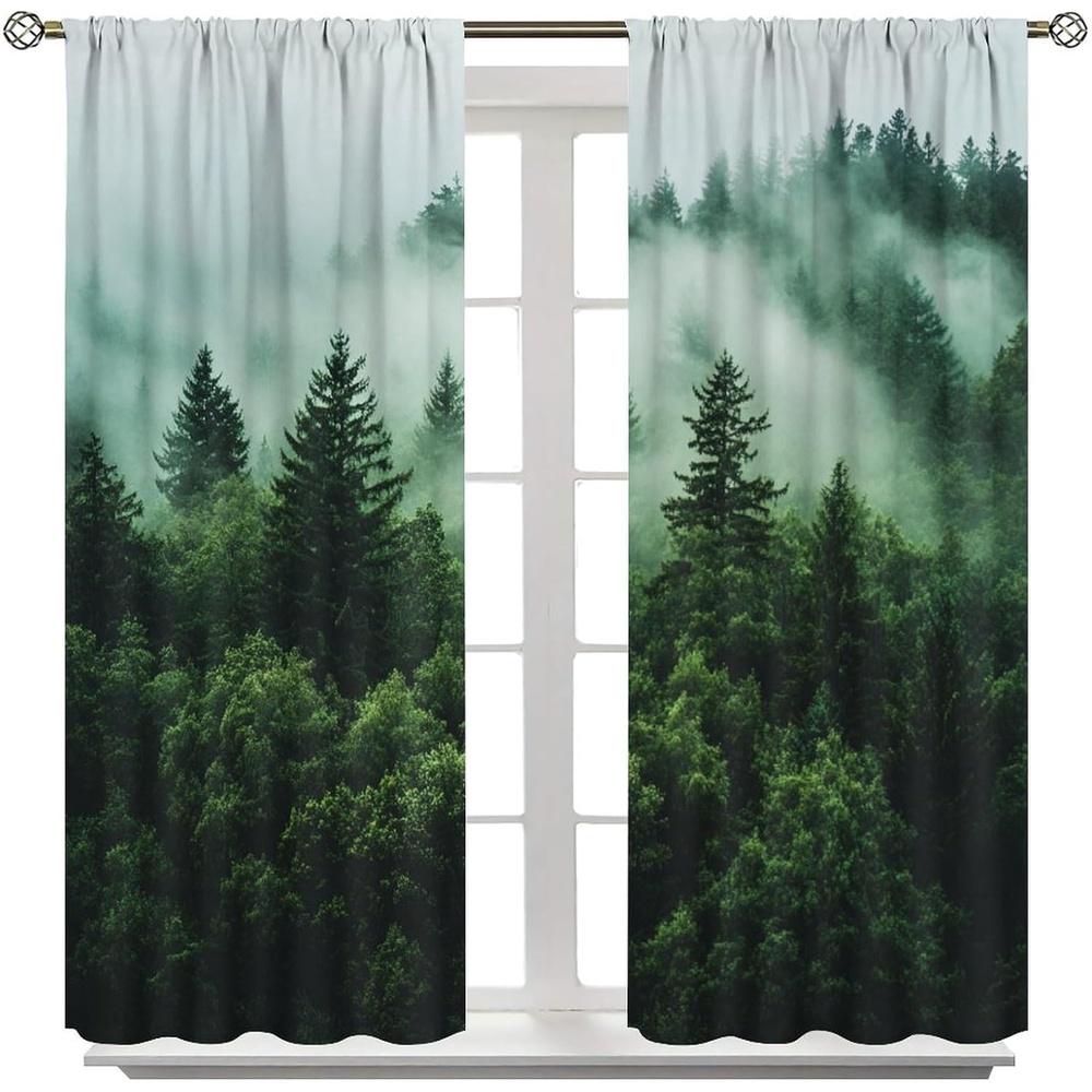 2 Panels Green Misty Forest Blackout Thermal Insulated Curtains - Foggy Woodland Window Drapes with Pine Trees & Misty Forest De