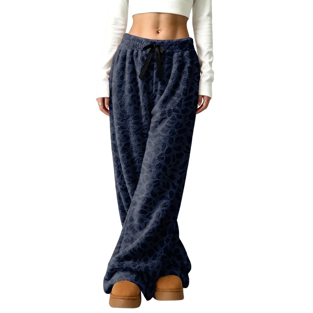 Women's Casual Leopard Print Lined Wide Leg Pants with Elastic Waist, Loose Fit