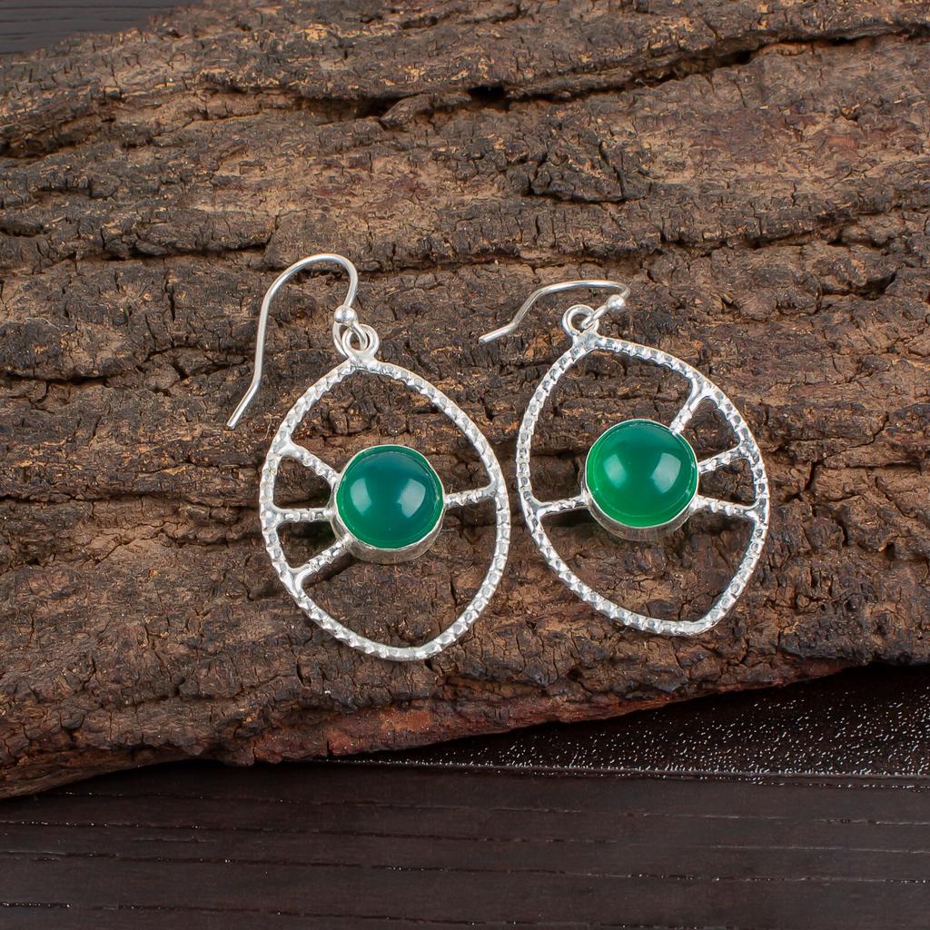 Green Onyx Cab Gemstone 925 Sterling Silver Jewelry Handmade Hook Earrings 2.00" EE-52-29
