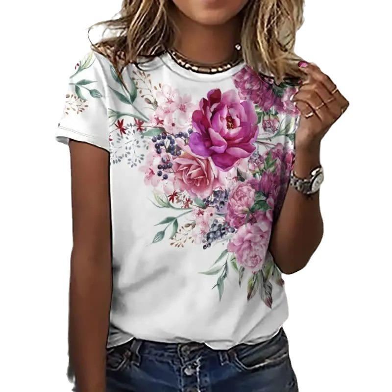 Plus Size Xl-7xl Summer Trend Pear Blossom Print Round Neck Short Sleeved Printed T-shirt