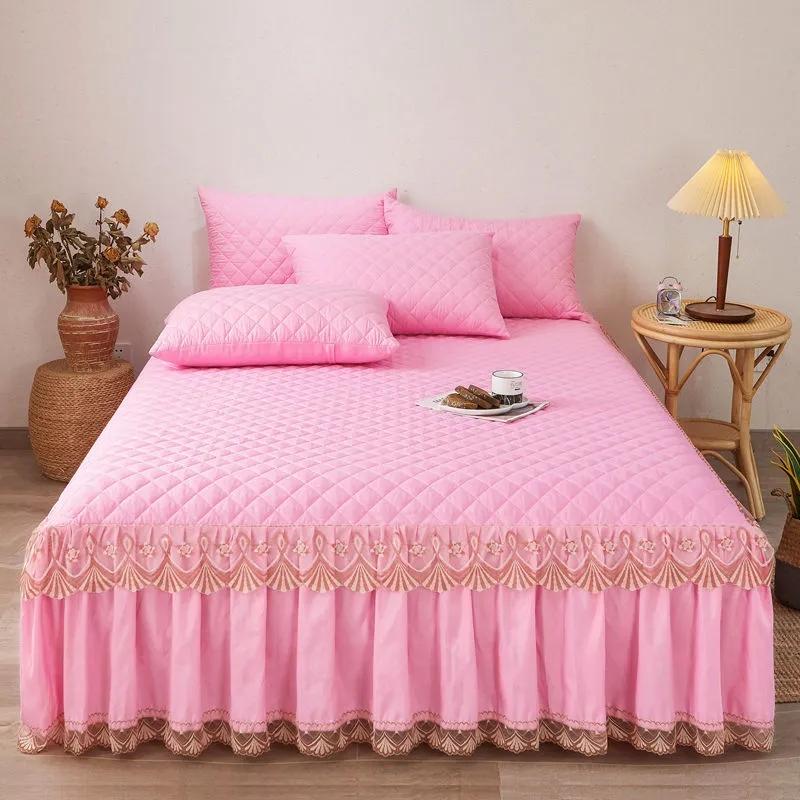 3pcs/set Autumn and Winter Thick Cotton Quilted Lace Bed Skirt Three-piece Set Non-slip Bedspread Pillowcase Three-piece Set