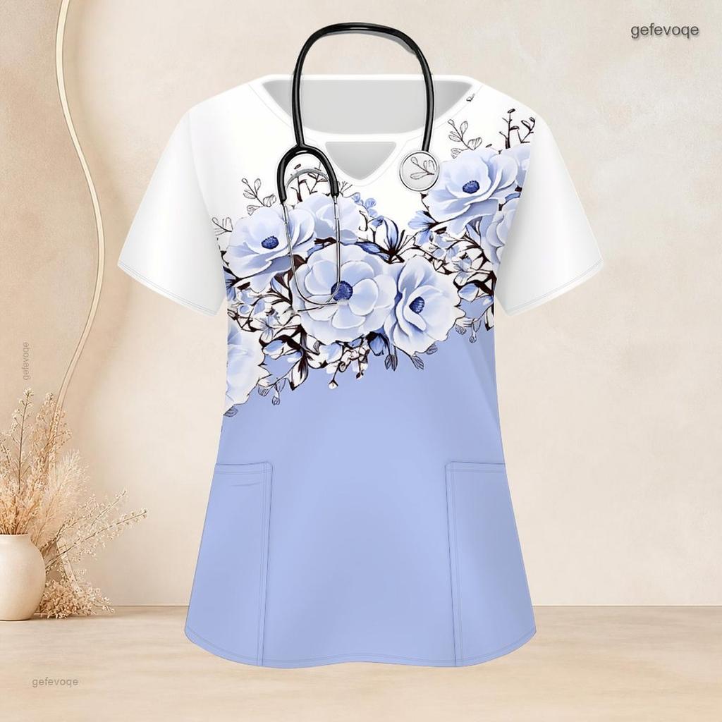 Women Plus Size Blue Printed Scrub Top Keyhole Neck Short Sleeve Nurse Uniform With Front Pockets