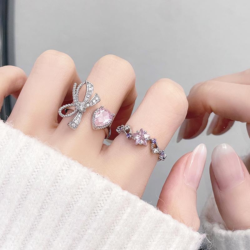 Růžová série Mašlička Plný diamant Zir***** Pero Prsten Květina Lehký luxus Špičkový niche design Prsten