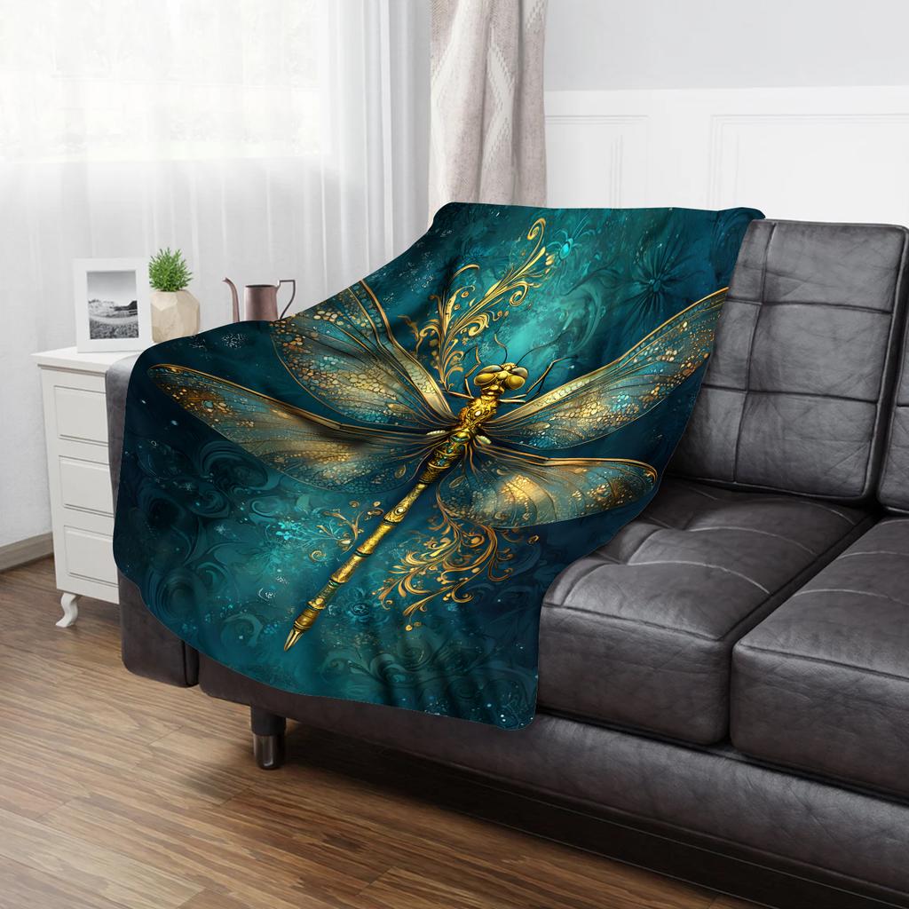 Luxury Gold Dragonfly Vintage Pattern Throw Blanket - Elegant Art Deco Motif Soft Lightweight Accent for Sofa Bed Travel Gift