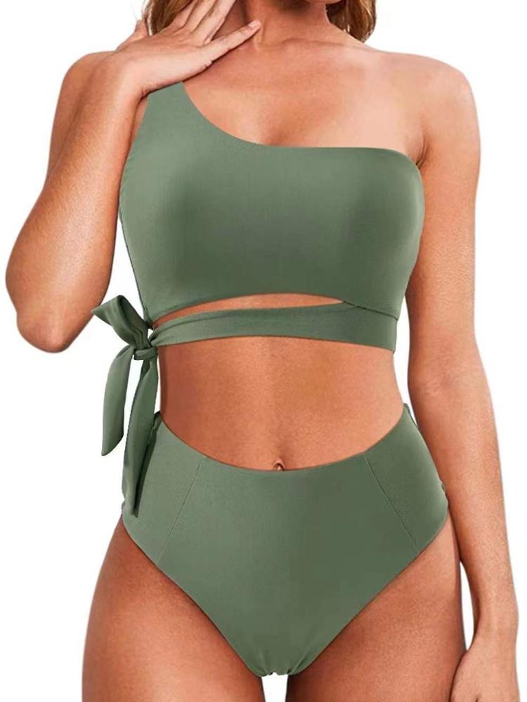 Cikini Ein-Schulter-Bikini-Set für Damen, Zweiteiliger Badeanzug, Einfarbige Sommer-Strandbademode, Badeanzug für Damen