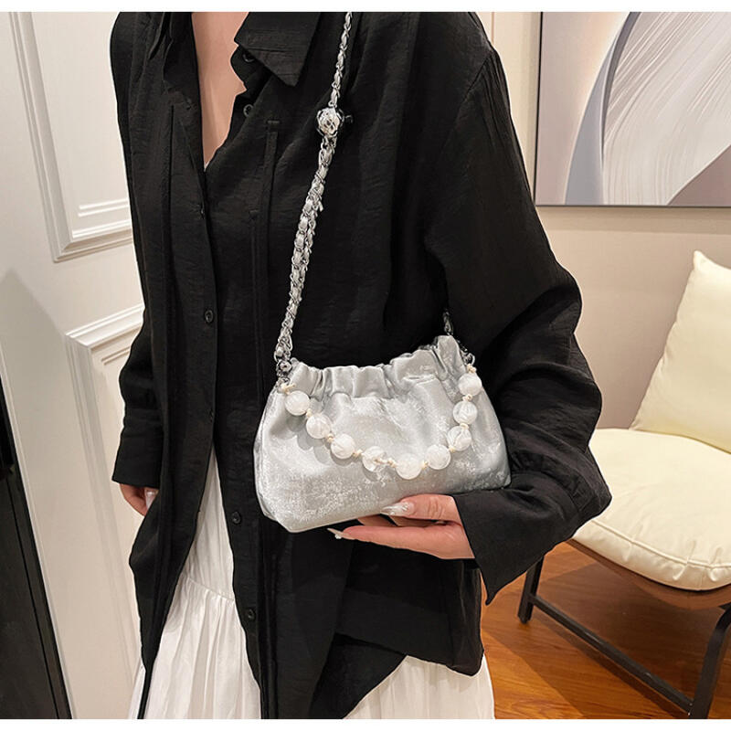 Vintage Pleated Pearl Chain Sling Shoulder Bags Soft Leather Crossbody Bags for Women New Chinese Fashion Female Handbags