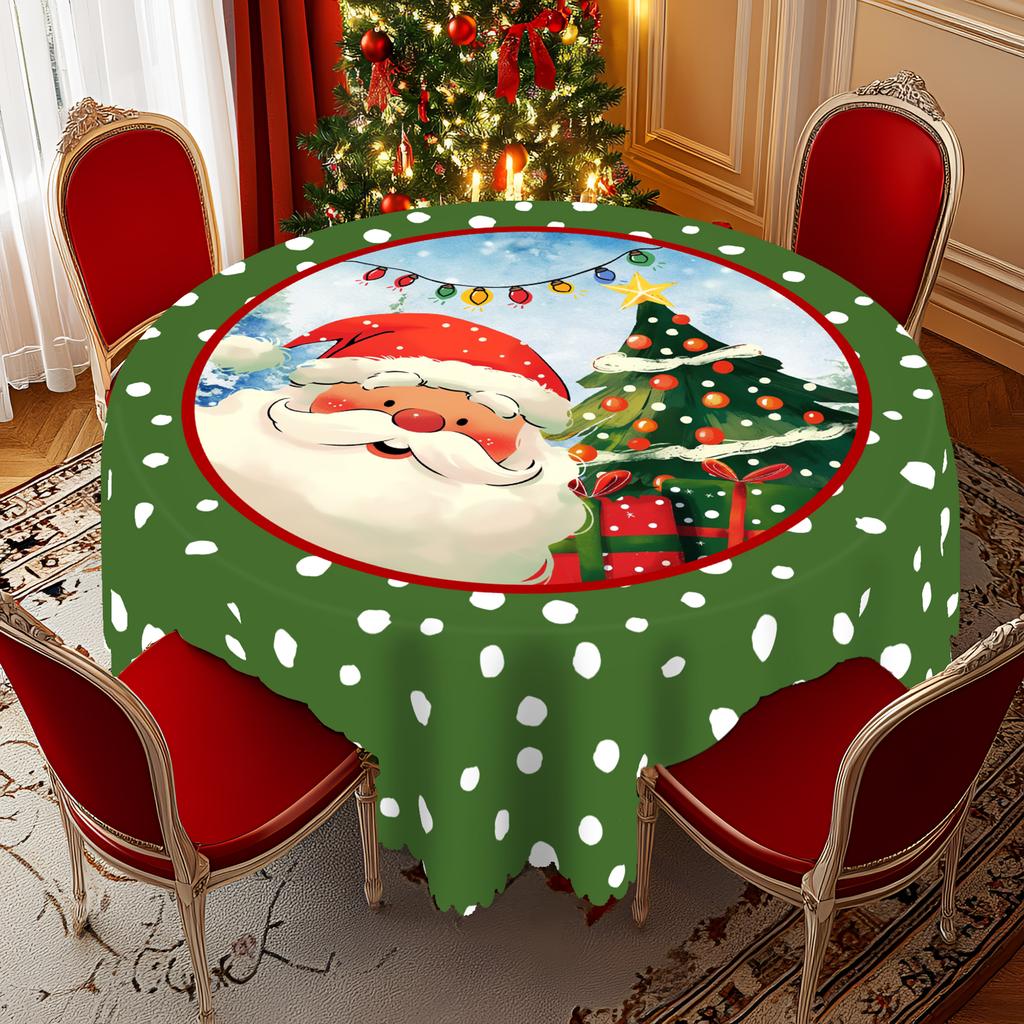 1 kus vánočního kulatého a obdélníkového ubrusu, různé velikosti, potisk Santa Clause a vánočního stromku, zelený ubrus se zelenými puntíky, S