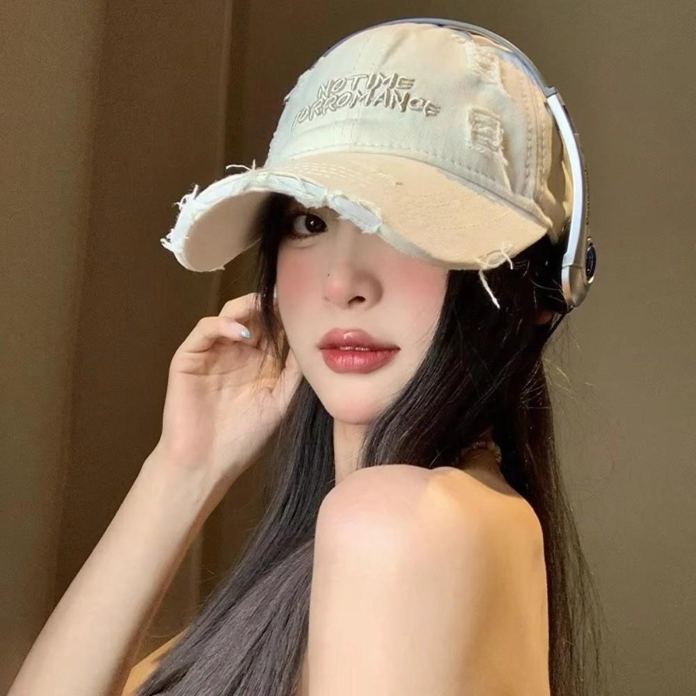 Adjustable Ripped Baseball Cap Korean Alphabet Embroidery Letter Baseball Hat Vintage Washed Cotton Holes Peaked Cap Streetwear