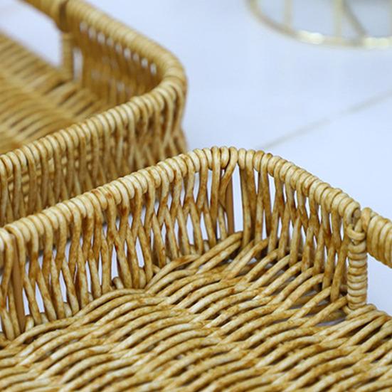 Storage Basket with Handle Manual Braided Faux Rattan Rectangle Shape Hollow Drainage Party Picnic Fruit Snacks Bread Serving