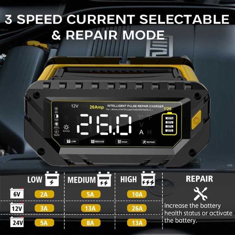 26A Battery Charging Adapter 6V/12V/24V Automatic Charging Adapter With LCD Display for LiFePO4 Battery Car Motorcycle