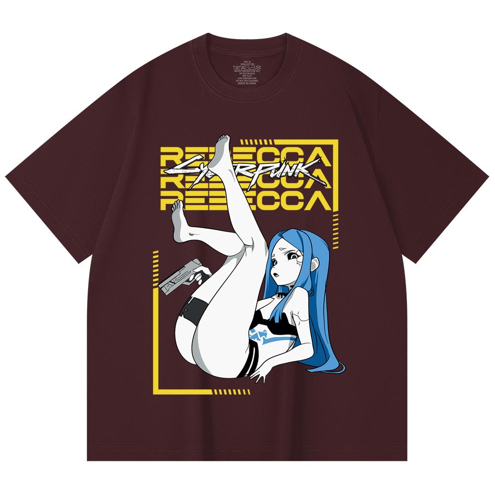 

230 Gsm 100% Cotton Cyberpunk Edgerunners V4 Rebecca Print Unisex Heavy Cotton T Shirt 2XL вина червоного кольору