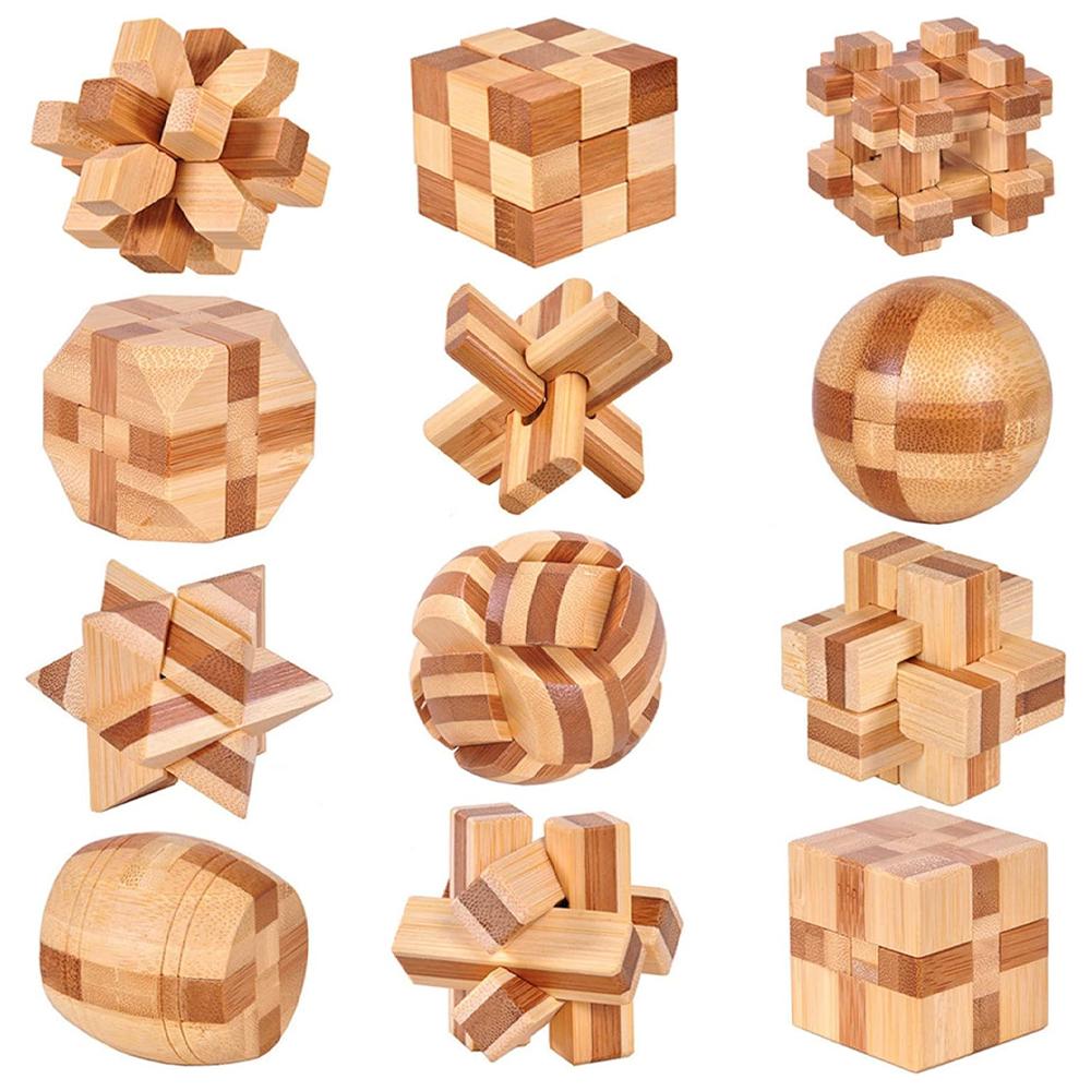 

12 шт. Деревянные головоломки, Игры-головоломки для проверки IQ, Логическая умная головоломка, Игрушка-замок в коробке, Снятие, Сборка, 3D маленькая головоломка, Подарок